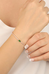 Green Baguette Stone Tennis Silver Bracelet