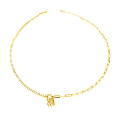 Half Tennis Half Italian Chain Lock Silver Choker Necklace