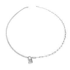 Half Tennis Half Italian Chain Lock Silver Choker Necklace