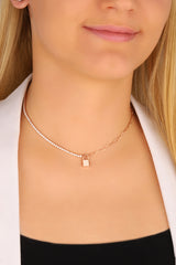 Half Tennis Half Italian Chain Lock Silver Choker Necklace