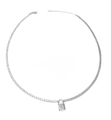 Half Tennis Half Gourmet Chain Lock Silver Choker Necklace - Cuban Link Chain