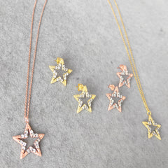 Silver Star Earrings with Pencil Grinding, Aeon Real Sterling Silver Star Earrings Set with Cubic Zirconias