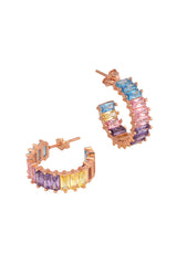 Baguette Colored Stone Silver Earrings, Rainbow Baguette Huggies Earring