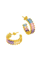 Baguette Colored Stone Silver Earrings, Rainbow Baguette Huggies Earring