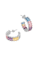 Baguette Colored Stone Silver Earrings, Rainbow Baguette Huggies Earring