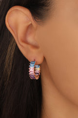 Baguette Colored Stone Silver Earrings, Rainbow Baguette Huggies Earring