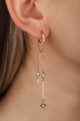 أقراط نجمة فضية متدلية بسلسلة مزدوجة، أقراط سلسلة Huggie