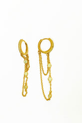 Three Stone Dangle Chain Silver Earring, Double Chain Hoop Hinged Earrings