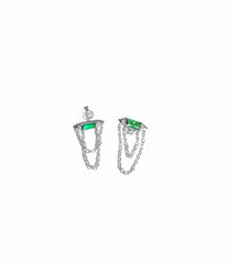 Double Chain Baguette Green Stone Silver Earrings