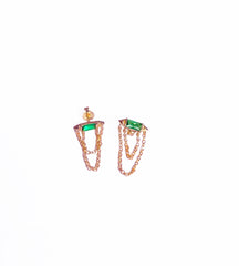 Double Chain Baguette Green Stone Silver Earrings