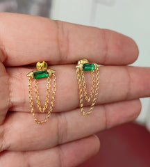 Double Chain Baguette Green Stone Silver Earrings