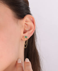 Double Chain Baguette Green Stone Silver Earrings