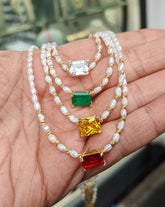 Multi Color Stone Pearl Necklace – 925 Sterling Silver Gemstone Pearl Pendant, Dainty Boho Jewelry