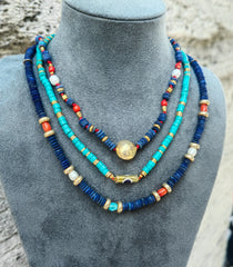 Lapis Lazuli Turquoise Sterling Silver Necklace - Multi Strand Beaded Bohemian Gemstone Jewelry