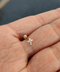 14k Gold Tragus Piercing Cross with CZ Stone