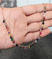 Dangling Colored Drop Stone Silver Necklace, Rainbow Multi Gemstone Necklace