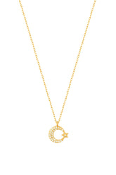 Small Moon and Star Silver Necklace with White Stone
