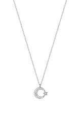 Small Moon and Star Silver Necklace with White Stone