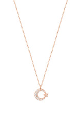Small Moon and Star Silver Necklace with White Stone