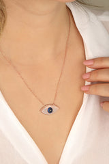 Eyelashes Navy Blue Eye Silver Necklace