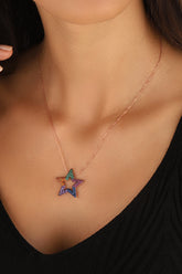 قلادة نجمة من أحجار متنوعة أنيقة مطلية بالذهب مصنوعة يدويًا من الفضة الإسترلينية عيار 925