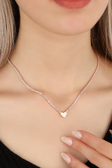 Heart Tennis Necklace, Cubic Zirconia Gemstone 925 Sterling Silver Rose Gold Vermeil