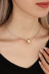Clover Tennis Necklace, Cubic Zirconia Gemstone 925 Sterling Silver Rose Gold Vermeil