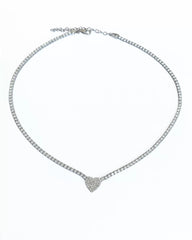 2 mm Tennis Chain Heart Sterling Silver Necklace, Cubic Zirconia Tennis Choker