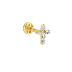 14k Gold Tragus Piercing Cross with CZ Stone