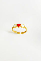 Red White Enameled Heart Silver Ring