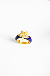 Navy Blue Enamel White Stone Silver Ring