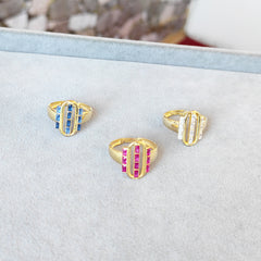 Lined Coral Baguette Stone Silver Ring