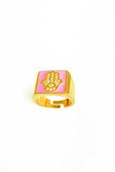 Pink Enamel Hamsa Silver Square Ring