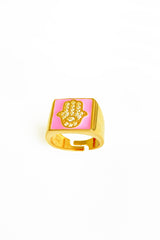 خاتم مربع فضي مطلي بالمينا الوردي على شكل همسة