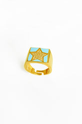 Turquoise Enameled Star Silver Square Ring