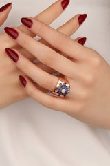 Navy Blue Baguette Stone Thick Sun Silver Ring