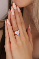 خاتم دوار من الفضة الإسترلينية على شكل قلب مطلي بالمينا