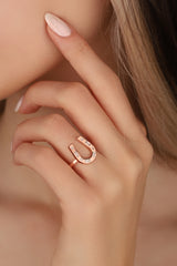 White Baguette Stone Lucky Horseshoe Silver Ring