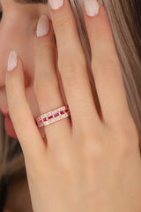 Coral Baguette Stone Silver Ring, Baguette Ring