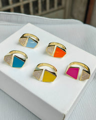 Half Pink Enamel Half Stone Shiny Gold Plated Adjustable Colorful Rings