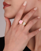 Half Pink Enamel Half Stone Shiny Gold Plated Adjustable Colorful Rings