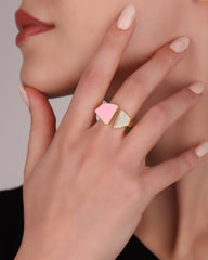 Half Pink Enamel Half Stone Shiny Gold Plated Adjustable Colorful Rings