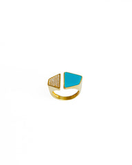 Half Turqoise Enamel Half Stone Shiny Gold Plated Adjustable Colorful Rings