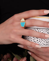 Half Turqoise Enamel Half Stone Shiny Gold Plated Adjustable Colorful Rings