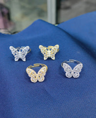 Baguette Stone Silver Butterfly Ring - Adjustable Size