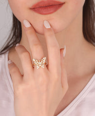 Baguette Stone Silver Butterfly Ring - Adjustable Size