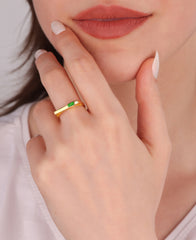 Green Color Baguette Solitaire Thin Sterling Silver Ring