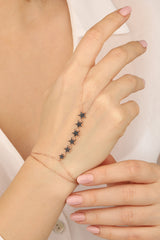 Black Stone Lined Star Silver Sahmaran, Delicate Ring Bracelet | Dainty Ring Bracelet | Gold Finger Bracelet | Delicate Hand Jewelry Slave