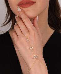 Triple Daisy Model Silver Shahmeran Bracelet, 925 Solid Silver Hand Chain, Slave Chain Adjustable Bracelet, Finger Turkish Serpent Bracelet