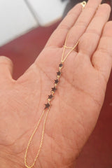 Black Stone Lined Star Silver Sahmaran, Delicate Ring Bracelet | Dainty Ring Bracelet | Gold Finger Bracelet | Delicate Hand Jewelry Slave